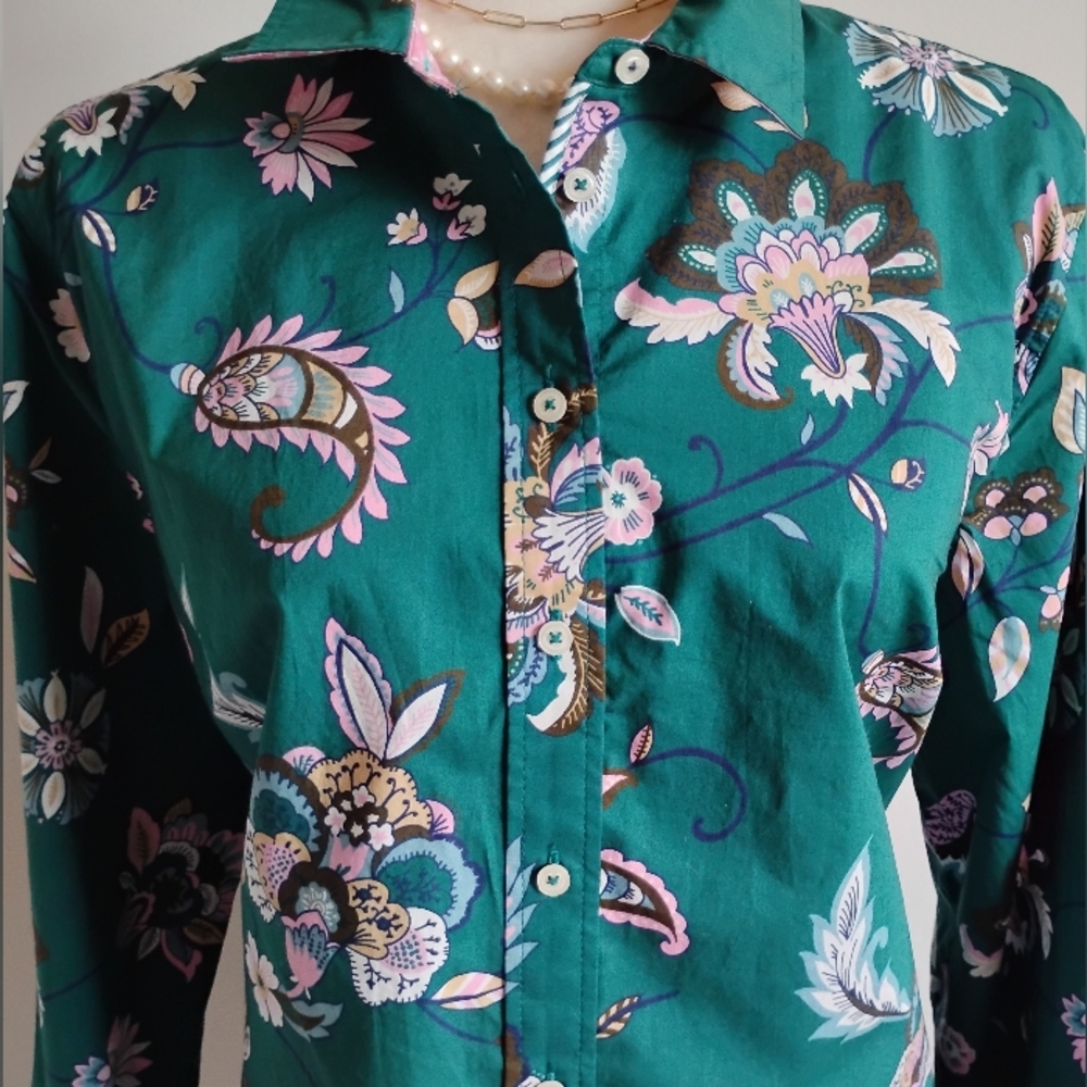Talbots Petite Cotton Button Down Shirt Green Pink Paisley Floral Colorful  XLP - Picture 3 of 16